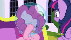 Size: 852x480 | Tagged: safe, screencap, pinkie pie, twilight sparkle, alicorn, earth pony, pony, g4, sparkle's seven, animated, astronaut pinkie, discovery family logo, female, fish bowl, gif, helmet, mare, perfect loop, ponk, raspberry, spit, tongue out, twilight sparkle (alicorn)