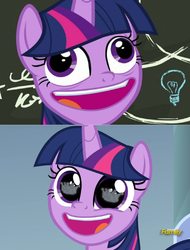 Size: 1166x1532 | Tagged: safe, edit, screencap, twilight sparkle, alicorn, pony, best gift ever, sparkle's seven, chalkboard, comparison, crown, cute, discovery family logo, eye reflection, faic, female, forever, hard-won helm of the sibling supreme, mare, pudding face, reflection, solo, twilight sparkle (alicorn), twilight sparkle is best facemaker