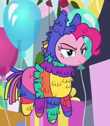 Size: 560x646 | Tagged: safe, screencap, pinkie pie, earth pony, pony, g4, sparkle's seven, balloon, cropped, disguise, female, mare, pinkñata, piñata, smiling, solo