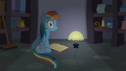 Size: 1280x720 | Tagged: safe, artist:agrol, rainbow dash, pegasus, pony, just relax and read, g4, animated at source, book, bookshelf, broom, candle, closet, dark room, female, jar, lamp, light, looking at you, looking back, looking back at you, shrunken pupils, solo, stare, youtube link