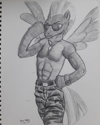 Size: 2448x3060 | Tagged: safe, artist:rockhoppr3, thunderlane, pegasus, semi-anthro, g4, arm hooves, clothes, high res, male, monochrome, nudity, pants, partial nudity, solo, sunglasses, topless, traditional art