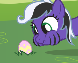 Size: 816x665 | Tagged: safe, artist:lightning stripe, derpibooru exclusive, edit, oc, oc only, oc:lightning stripe, earth pony, pony, g4, black and white mane, easter, easter egg, egg, eyelashes, grass, grass field, green eyes, holiday, makeup, puffy cheeks, scrunchy face, show accurate, simple background, solo, stripes