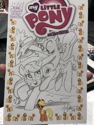 Size: 1536x2048 | Tagged: safe, artist:andypriceart, idw, applejack, scootaloo, earth pony, pegasus, pony, g4, bucking, cowboy hat, cute, cutealoo, duo, female, filly, hat, jackabetes, mare, pencil drawing, ponies riding ponies, riding, scootaloo riding applejack, traditional art