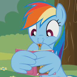 Size: 600x600 | Tagged: safe, artist:agrol, rainbow dash, pony, just relax and read, g4, animated, book, chewing, cookie, cute, dashabetes, eating, female, flower, food, grass, holding, looking at something, mare, reading, smiling, solo, tree, wing hands, youtube link