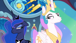 Size: 1920x1080 | Tagged: safe, screencap, princess celestia, princess luna, alicorn, pony, g4, sparkle's seven, annoyed, aside glance, canterlot castle, canterlot throne room, celestia is not amused, crown, discovery family logo, duo, ethereal mane, faic, female, floppy ears, frown, grumpy, grumpy luna, jewelry, lidded eyes, looking at each other, luna is not amused, mare, multicolored mane, narrowed eyes, pouting, raised eyebrow, regalia, royal sisters, sisters, stained glass, starry mane, throne
