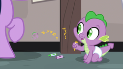 Size: 1920x1080 | Tagged: safe, screencap, spike, twilight sparkle, dragon, pony, g4, sparkle's seven, baby, baby dragon, baby spike, crayon, crayon drawing, cute, daaaaaaaaaaaw, diaper, discovery family logo, female, filly, filly twilight sparkle, happy, offscreen character, smiling, spikabetes, traditional art, younger