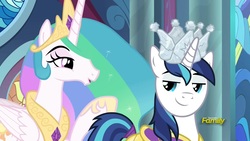 Size: 1920x1080 | Tagged: safe, screencap, princess celestia, shining armor, pony, g4, sparkle's seven, crown, hard-won helm of the sibling supreme, paper crown