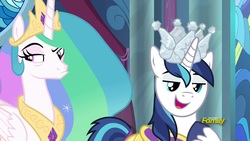 Size: 1920x1080 | Tagged: safe, screencap, princess celestia, shining armor, pony, g4, sparkle's seven, crown, duckface, hard-won helm of the sibling supreme, paper crown, pouting, raised eyebrow