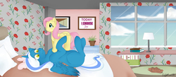 Size: 5768x2520 | Tagged: safe, artist:nightmare58, fluttershy, oc, oc:fleurbelle, alicorn, pony, g4, adorabelle, alicorn oc, bed, bedroom, book, bow, cloud, cute, female, flower, fluttershy plushie, hair bow, lamp, looking up, lying down, lying on bed, mare, ocbetes, on back, paintings, pillow, pink bow, plant, plushie, ribbon, rug, scenery, sky, solo, wallpaper, window, yellow eyes