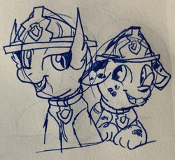 Size: 2462x2256 | Tagged: safe, artist:rainbow eevee, smolder, dog, dragon, g4, clothes, collar, duo, firefighter, high res, ink, lineart, marshall, paw patrol, pen drawing, traditional art