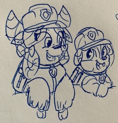Size: 2943x3052 | Tagged: safe, artist:rainbow eevee, yona, yak, g4, bull dog, clothes, duo, hammer, hard hat, high res, ink, lineart, paw patrol, pen drawing, rubble, smiling, traditional art