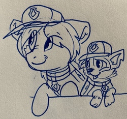 Size: 2547x2384 | Tagged: safe, artist:rainbow eevee, rocky, sandbar, dog, pony, g4, clothes, crossover, cute, duo, hat, high res, ink, lineart, paw patrol, pen drawing, traditional art