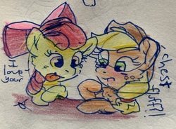 Size: 3561x2620 | Tagged: safe, artist:rainbow eevee, apple bloom, applejack, earth pony, pony, g4, bow, chest fluff, colored pencil drawing, duo, eyes on the prize, female, freckles, hat, high res, ink, pen drawing, sisters, tongue out, traditional art