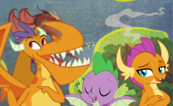Size: 1641x1005 | Tagged: safe, billy, smolder, spike, dragon, g4, season 9, sweet and smoky, 2019, dragon lands, dragoness, eyes closed, fanart, female, male, speculation, winged spike, wings