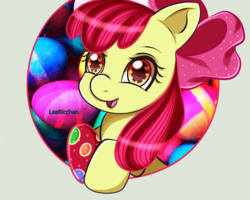 Size: 1000x798 | Tagged: safe, artist:learicchan, apple bloom, earth pony, pony, g4, easter, easter egg, female, happy easter, holiday, solo