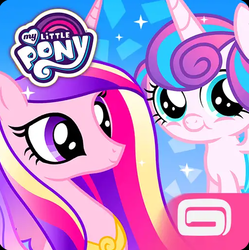 Size: 508x510 | Tagged: safe, gameloft, princess cadance, princess flurry heart, alicorn, pony, g4, my little pony: magic princess, app icon, baby, baby pony, female, gameloft logo, mare, mother and daughter, my little pony logo