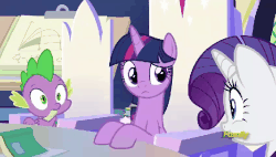 Size: 564x320 | Tagged: safe, screencap, rarity, spike, twilight sparkle, alicorn, dragon, pony, unicorn, g4, sparkle's seven, animated, discovery family, discovery family logo, friendship throne, gif, needs more jpeg, shocked, twilight sparkle (alicorn), twilight's castle, winged spike, wings