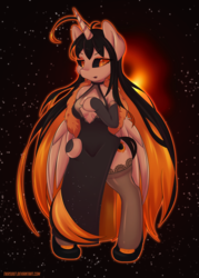 Size: 1500x2100 | Tagged: safe, artist:tikrs007, alicorn, black hole pony, monster pony, anthro, unguligrade anthro, absolute cleavage, ahoge, arm hooves, black hole, black sclera, breasts, cleavage, cleavage window, clothes, cute, cute little fangs, dress, evening gloves, fangs, female, gloves, long gloves, messier 87, planet ponies, ponified, rule 85, shoes, side slit, slit pupils, smiling, solo, stockings, thigh highs, total sideslit