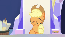 Size: 564x320 | Tagged: safe, screencap, applejack, pony, g4, sparkle's seven, animated, aside glance, discovery family, discovery family logo, female, gif, liarjack, needs more jpeg, nervous, shifty eyes, solo, twilight's castle