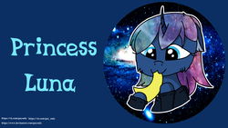 Size: 2560x1440 | Tagged: safe, artist:guyonly, princess luna, pony, g4, alternate hairstyle, bust, female, food, hoof hold, raised hoof, solo, text