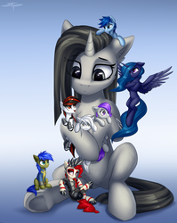 Size: 3000x3778 | Tagged: safe, artist:setharu, oc, oc:blackjack, oc:boo, oc:lacunae, oc:morning glory (project horizons), oc:p-21, oc:rampage, oc:scotch tape, oc:somber, alicorn, earth pony, pegasus, pony, unicorn, fallout equestria, fallout equestria: project horizons, alicorn oc, clothes, crossed hooves, cute, eye clipping through hair, fanfic art, female, filly, high res, hooves, horn, hug, jumpsuit, macro, male, mare, micro, pipbuck, purple alicorn (fo:e), sitting, size difference, smiling, spread wings, stallion, vault suit, wings