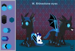Size: 2053x1407 | Tagged: safe, artist:wheatley r.h., derpibooru exclusive, oc, oc only, oc:w. rhinestone eyes, changeling, pony, bat wings, black, blue, blue changeling, blue eyes, blue hair, changeling oc, cute, floor, folded wings, hair, horn, plushie, pony plushie, reference sheet, sharp teeth, sitting, smiling, solo, spread wings, standing, teeth, translated in the description, vector, watermark, wings