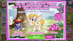 Size: 1136x640 | Tagged: safe, gameloft, idw, angel bunny, golden feather, princess celestia, changeling, pegasus, pony, g4, spoiler:comic, spoiler:comic65, costs real money, idw showified, introduction card