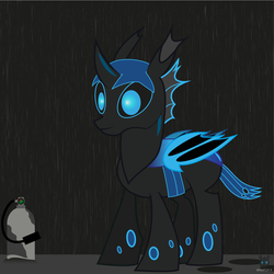 Size: 1407x1408 | Tagged: safe, artist:wheatley r.h., derpibooru exclusive, oc, oc only, oc:w. rhinestone eyes, changeling, bat wings, blue changeling, blue eyes, changeling oc, cute, fire extinguisher, folded wings, hair, happy, horn, male, simple background, single panel, solo, vector, watermark, wings