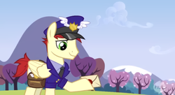 Size: 848x463 | Tagged: safe, screencap, care package, special delivery, pegasus, pony, g4, wonderbolts academy, hat, letter, mailpony, male, mountain, necktie, postman's hat, solo, stallion, tree