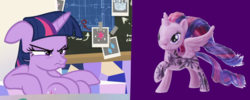 Size: 2500x1000 | Tagged: safe, edit, edited screencap, screencap, twilight sparkle, alicorn, pony, g4, sparkle's seven, belly, female, merchandise, solo, toy, twilight sparkle (alicorn)