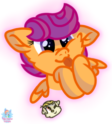 Size: 873x970 | Tagged: safe, artist:rainbow eevee, scootaloo, oc, oc:landen irelan, dog, pegasus, pony, g4, :p, cute, cutealoo, female, filly, hooves, silly, simple background, tongue out