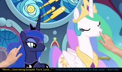 Size: 1920x1148 | Tagged: safe, edit, edited screencap, screencap, princess celestia, princess luna, alicorn, pony, g4, sparkle's seven, boop, boop edit, caption, cute, discovery family logo, disembodied hand, duo focus, hand, imminent boop, meta, non-consensual booping, offscreen character, royal sisters, silly, silly pony, surprised, text