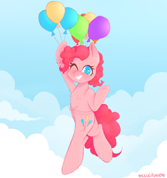 Size: 1000x1067 | Tagged: safe, artist:onionpwder, pinkie pie, pony, g4, balloon, chest fluff, cloud, cute, diapinkes, female, floating, heart eyes, no pupils, one eye closed, sky, smiling, solo, then watch her balloons lift her up to the sky, wingding eyes, wink