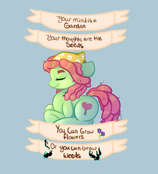 Size: 1000x1100 | Tagged: safe, artist:mdragonflame, tree hugger, earth pony, pony, g4, blue background, cute, eyes closed, female, huggerbetes, mare, old banner, profile, prone, quote, simple background, solo