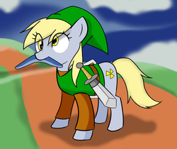 Size: 1534x1290 | Tagged: safe, artist:doval, artist:sammy181, derpy hooves, pony, g4, boomerang, clothes, cosplay, costume, crossover, cute, derpabetes, eye clipping through hair, female, link, mouth hold, solo, sword, the legend of zelda, weapon