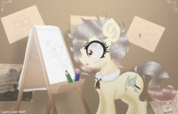 Size: 3500x2250 | Tagged: safe, artist:darkest-lunar-flower, oc, oc only, oc:osha, earth pony, pony, blushing, commission, dialogue, female, fluffy, high res, mare, pencil, solo, tongue out