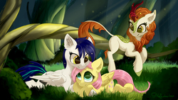 Size: 1920x1080 | Tagged: safe, artist:muffinkarton, autumn blaze, fluttershy, oc, oc:lucy vectors, kirin, pegasus, pony, g4, canon x oc, commission, crepuscular rays, cuddling, female, forest, lesbian, light, protecting, shimmer, smiling, snuggling, sunlight, trio, wood