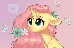 Size: 4000x2628 | Tagged: safe, artist:worldlofldreams, fluttershy, pony, unicorn, g4, bust, cute, dialogue, ear fluff, female, floppy ears, flower, fluttershy (g5 concept leak), g5 concept leak style, g5 concept leaks, high res, looking at something, looking up, pink background, portrait, shyabetes, simple background, solo, speech bubble, unicorn fluttershy