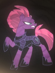 Size: 4032x3024 | Tagged: safe, editor:undeadponysoldier, tempest shadow, pony, unicorn, g4, my little pony: the movie, broken horn, clothes, hoof shoes, horn, irl, photo, raised hoof, shirt, t-shirt