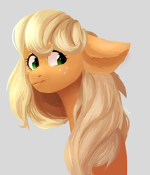 Size: 1644x1920 | Tagged: safe, artist:worldlofldreams, applejack, pony, g4, bust, cute, ear fluff, female, floppy ears, gray background, hatless, jackabetes, long neck, loose hair, missing accessory, portrait, simple background, solo