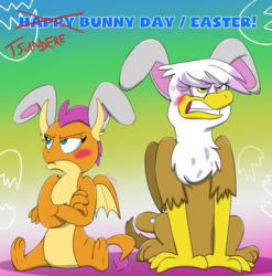 Size: 2471x2498 | Tagged: safe, artist:rupert, gilda, smolder, dragon, griffon, g4, angry, blushing, bunny ears, colorful background, cross-popping veins, cute, dragoness, duo, easter, female, gildere, gradient background, grumpy, high res, holiday, pouting, smolderbetes, smoldere, teeth, tsundere
