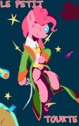 Size: 1280x2044 | Tagged: safe, artist:dinexistente, pinkie pie, earth pony, pony, g4, clothes, jacket, le petit prince, limited palette, night, pixel art, smiling, space, stars, sword, the little prince, weapon