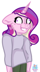 Size: 646x1144 | Tagged: safe, artist:rainbow eevee, princess cadance, anthro, g4, clothes, female, gym clothes, meme, simple background, smiling, solo, what has science done, white background