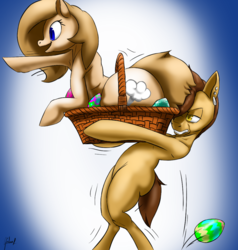 Size: 1000x1050 | Tagged: safe, artist:tracerpainter, oc, oc only, oc:backy, oc:modpone, earth pony, pony, armpits, basket, bipedal, butt, carrying, duo, easter egg, female, large butt, male, mare, plot, pointing, pony in a basket, stallion, struggling, the ass was fat