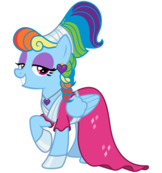 Size: 3000x3200 | Tagged: safe, artist:cheezedoodle96, rainbow dash, pegasus, pony, g4, sparkle's seven, .svg available, alternate hairstyle, braid, clothes, dress, ear piercing, earring, eyeshadow, female, heart, high res, jewelry, lidded eyes, looking at you, makeup, mare, megaradash, necklace, piercing, raised hoof, simple background, smiling, solo, svg, transparent background, vector