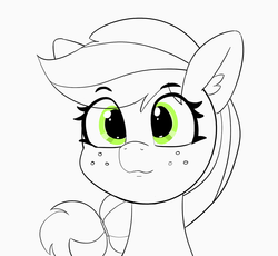 Size: 1500x1380 | Tagged: safe, artist:pabbley, applejack, earth pony, pony, g4, bust, cute, female, freckles, happy, jackabetes, mare, monochrome, partial color, portrait, smiling, solo