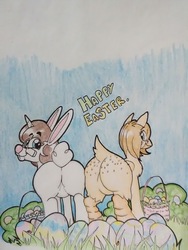 Size: 690x920 | Tagged: safe, artist:paper view of butts, oc, oc:paper butt, oc:skecher haret, bird, chicken, pony, rabbit, unicorn, basket, brother, brother and sister, bunny ears, butt, butt freckles, colored, easter, easter basket, easter bunny, easter egg, egg, female, freckles, glasses, holiday, horn, ink, ink drawing, looking at you, looking back, looking back at you, male, mare, plot, rear, rear view, sister, stallion, traditional art