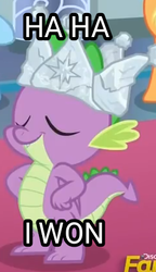 Size: 240x418 | Tagged: safe, edit, edited screencap, screencap, spike, dragon, g4, sparkle's seven, cropped, crown, haha i won, hard-won helm of the sibling supreme, male, meme, solo, winged spike, wings