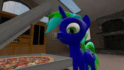 Size: 1280x720 | Tagged: safe, artist:sevenxninja, oc, oc only, oc:lydia dieselsteam, alicorn, pony, unicorn, 3d, alicorn oc, fireplace, food, gmod, living room, looking at something, meat, pepperoni, pepperoni pizza, pizza, pizza box, solo, television, window