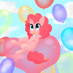 Size: 579x583 | Tagged: safe, artist:kaikururu, pinkie pie, earth pony, pony, g4, :p, balloon, cloud, cute, diapinkes, female, floating, heart balloon, mare, silly, sky, solo, then watch her balloons lift her up to the sky, tongue out